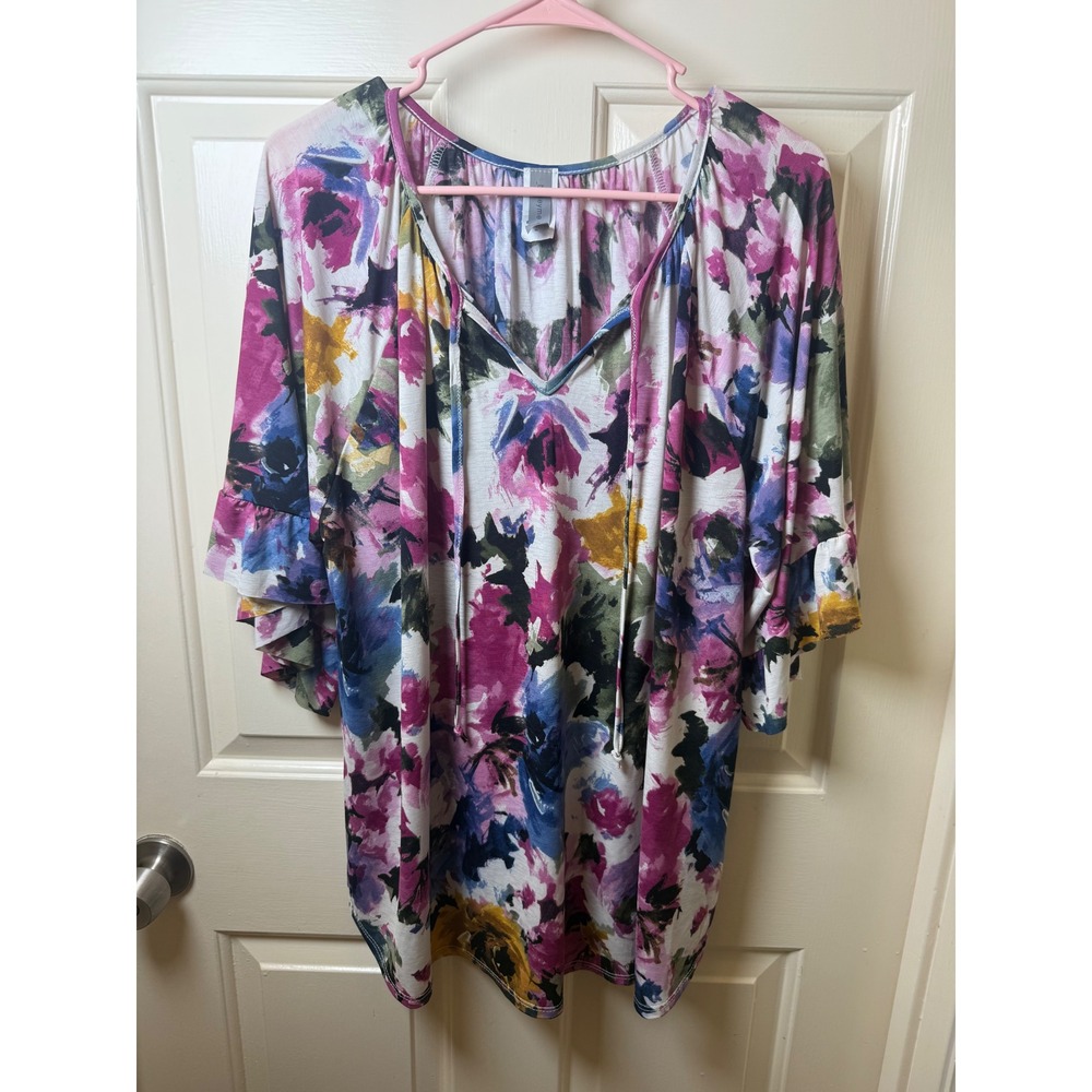 Honeyme Curvy Floral V-Neck Ruffle Bell Sleeve Tunic Top Pink Purple XL